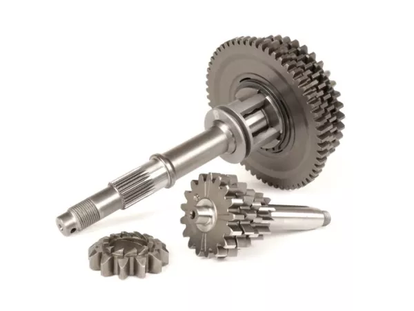 Gearbox lengkap termasuk poros bantu, poros utama, cakar pemindah gigi, roda gigi, pinion kickstarter -BENELLI tipe Bull- Vespa V50, V90, 50N, PV125, ET3, SS50, SS90, PK S, PK XL1, PK XL2, ETS - (12/58, 13/42, 15/38, 17/37 gigi)