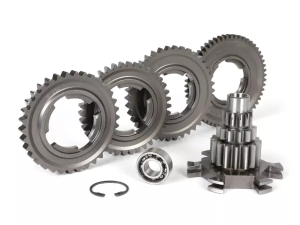Gearbox termasuk poros bantu (pohon cemara), persilangan pemindah gigi, gigi 1, 2, 3, 4, baut pemindah gigi -BENELLI- Vespa Wideframe GS150 (VS1-5T) / VDTS - 12/58 - 16/54 - 20/50 - 24/46