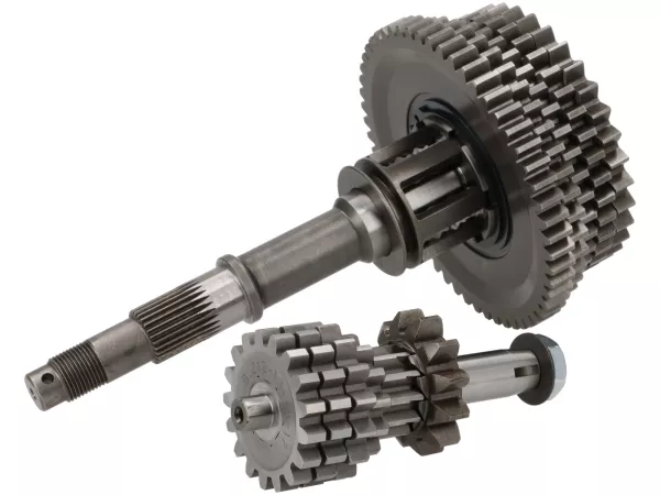 Gearbox lengkap -BENELLI 5-speed Bull 6 type TUNING- Vespa V50, V90, 50N, PV125, ET3, SS50, SS90, PK S, PK XL1, PK XL2, ETS - (12-55, 13-42, 15-38, 17-37 gigi) termasuk. poros bantu, poros utama, cakar pemindah, roda gigi, pinion kickstarter