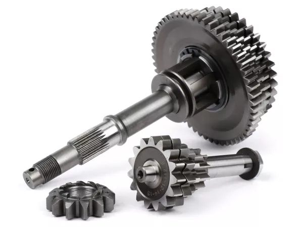 Gearbox lengkap -BENELLI Bull 6 tipe DRAG- Vespa V50, V90, 50N, PV125, ET3, SS50, SS90, PK S, PK XL1, PK XL2, ETS - (11-55, 12-40, 14-37, 15-36 gigi) termasuk poros bantu, poros utama, cakar pemindah gigi, roda gigi, pinion kick starter