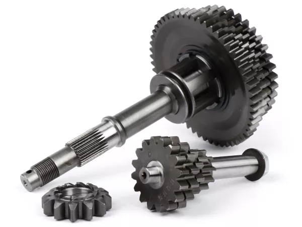 Gearbox lengkap -BENELLI Bull 6 tipe SPORT- Vespa V50, V90, 50N, PV125, ET3, SS50, SS90, PK S, PK XL1, PK XL2, ETS - (11-54, 12-40, 15-38, 16-37 gigi) termasuk poros tambahan, poros utama, cakar pemindah gigi, roda gigi, pinion kickstarter