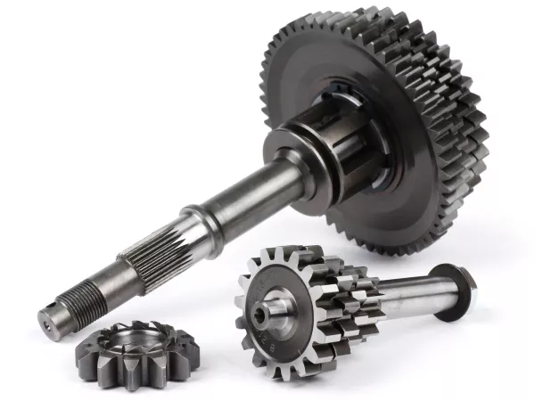 Gearbox lengkap -BENELLI Bull 6 tipe TOURING- Vespa V50, V90, 50N, PV125, ET3, SS50, SS90, PK S, PK XL1, PK XL2, ETS - (12/54, 13-40, 15-37, 17-35 gigi) termasuk poros bantu, poros utama, cakar pemindah gigi, roda gigi, pinion kick starter
