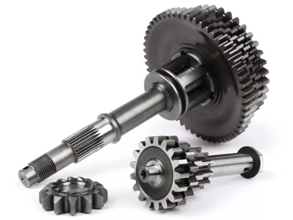 Gearbox lengkap -BENELLI Bull 6 tipe TUNING- Vespa V50, V90, 50N, PV125, ET3, SS50, SS90, PK S, PK XL1, PK XL2, ETS - (12-55, 13-42, 15-38, 17-37 gigi) termasuk poros tambahan, poros utama, cakar pemindah gigi, roda gigi, pinion kickstarter