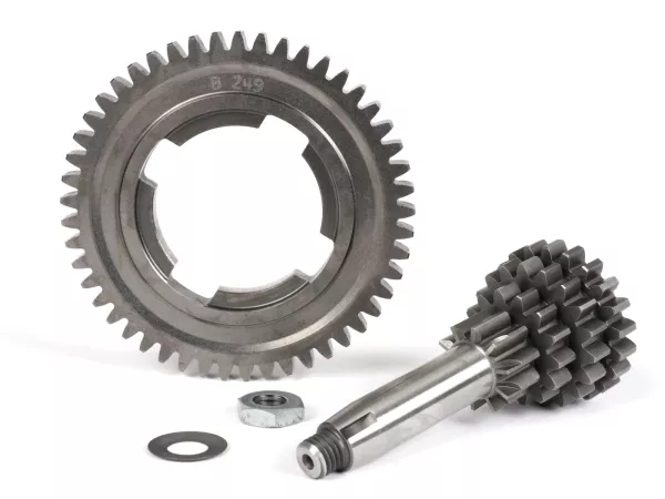 Juego de árbol de transmisión con engranaje 4 de 49 dientes -BENELLI- Vespa V50, PV125, ET3, PK50, PK80, PK125 S-XL/XL2 - 10-14-18-21 dientes - utilizable con caja de cambios original, cuarta velocidad extra corta