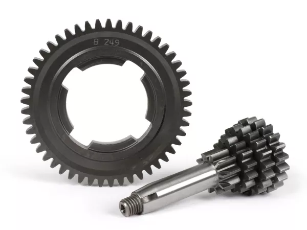 Juego de árbol de transmisión con engranaje 4 de 49 dientes -BENELLI- Vespa V50, PV125, ET3, PK50, PK80, PK125 S-XL/XL2 - 10-14-18-20 dientes - utilizable con caja de cambios original, cuarta velocidad extra corta