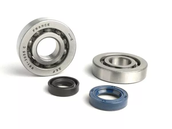 Set di cuscinetti - set di paraoli per albero motore -BGM ORIGINAL- Peugeot 50 cc (verticale - pompa olio meccanica) - SPEEDFIGHT1 50 (AC/LC) (-2004), SPEEDFIGHT2 50 (AC/LC) (-2004), METALX50, XFIGHT50, TKR50, TREKKER50, VIVACITY50, BUXY50, ELYSEO50, ELYS