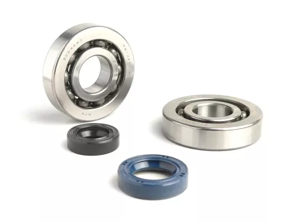 Set di cuscinetti - set di paraoli per albero motore -BGM ORIGINAL- Peugeot 50 cc (verticale - pompa olio meccanica) - SPEEDFIGHT1 50 (AC/LC) (-2004), SPEEDFIGHT2 50 (AC/LC) (-2004), METALX50, XFIGHT50, TKR50, TREKKER50, VIVACITY50, BUXY50, ELYSEO50, ELYS