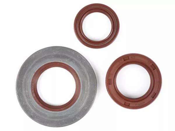 Juego de retenes del motor -BGM PRO, FKM/Viton® (resistente a E10) metal, marrón- Vespa Largeframe PX Lusso (1993-) - PX80, PX125, PX150, PX200, T5 125cc, MY, 98, Cosa, LML125/150 Star (2 tiempos), Stella125/150 (2 tiempos) - Retén de la rueda trasera 27x