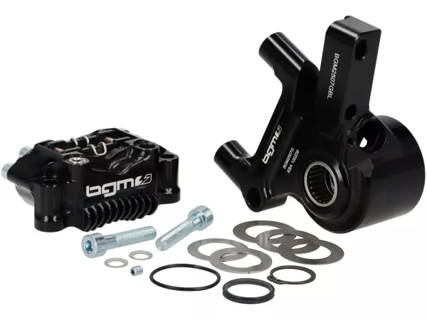 Bremskit vorne komplett - BGM PRO SPORT 4-Kolben Radialbremse mit CNC-gefrästem Adapter inkl. TÜV-Gutachten – passend für Vespa PX Disc (ab 1998), MY, 2011 und Grimeca Nachrüst-Scheibenbremsen – schwarz