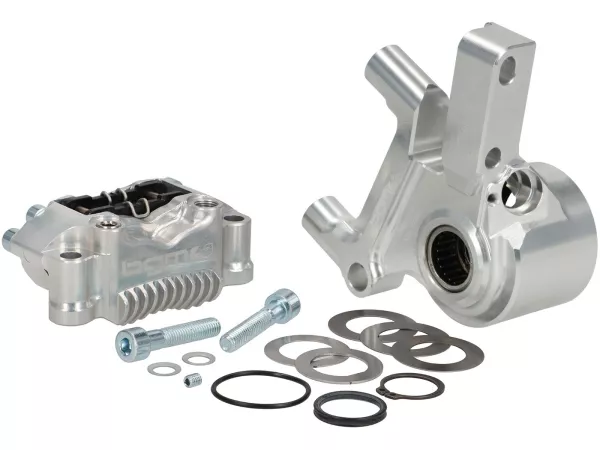 Bremskit vorne komplett - BGM PRO SPORT 4-Kolben Radialbremse mit CNC-gefrästem Adapter inkl. TÜV-Gutachten – passend für Vespa PX Disc (ab 1998), MY, 2011 und Grimeca Nachrüst-Scheibenbremsen – silbern