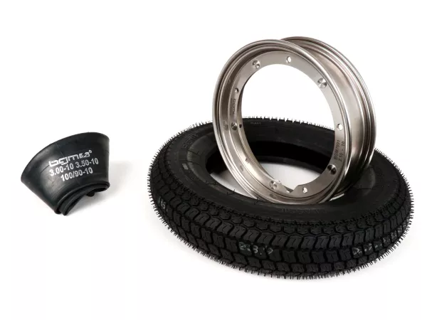 Complete bandenset -BGM Classic, Vespa 3.50 - 10 inch TT 59P (versterkt) - velg 2.10-10 roestvrij staal
