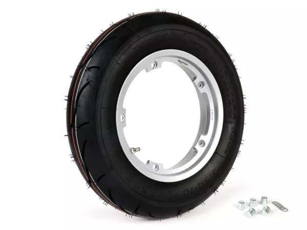 Compleet wiel (band gemonteerd op velg, rijklaar) -BGM Sport, tubeless, Vespa Largeframe PX, Sprint, Rally, GT, GTR, TS, T4, LML Star/Stella- 3.50 - 10 inch TL 59S (versterkt) - Velg 2.10-10 - Zilver