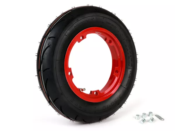 Compleet wiel (band gemonteerd op velg, rijklaar) -BGM Sport, tubeless, Vespa Largeframe PX, Sprint, Rally, GT, GTR, TS, T4, LML Star/Stella- 3.50 - 10 inch TL 59S (versterkt) - velg 2.10-10 rood