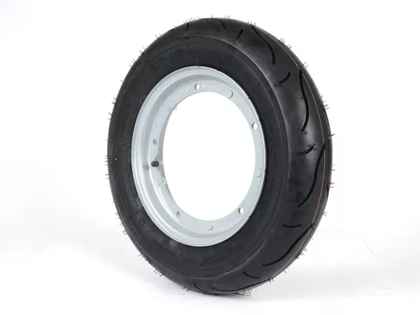 Wheel assembly (tyre mounted on rim ready to drive) -BGM Sport, Vespa Largeframe PX, Sprint, Rally, GT, GTR, TS, T4, LML Star/Stella- 3.50 - 10 inch TT 59S (reinforced) - Rim steel, painted 2.10- 10 - Grey