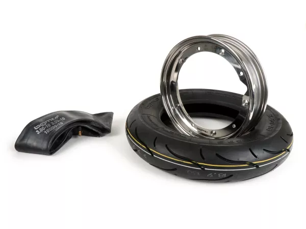 Satu set ban lengkap -BGM Sport, Vespa- 3.50 - 10 inci TT 59S (diperkuat) - pelek 2.10-10 baja tahan karat yang dipoles