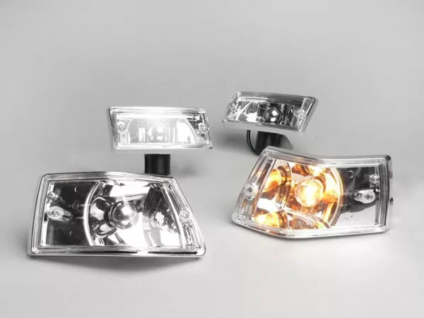 Blinkers -BGM ORIGINAL set om 4 - Vespa PX80, PX125, PX150, PX200, T5 125cc kromhus - klart glas / silverfärgad glödlampa