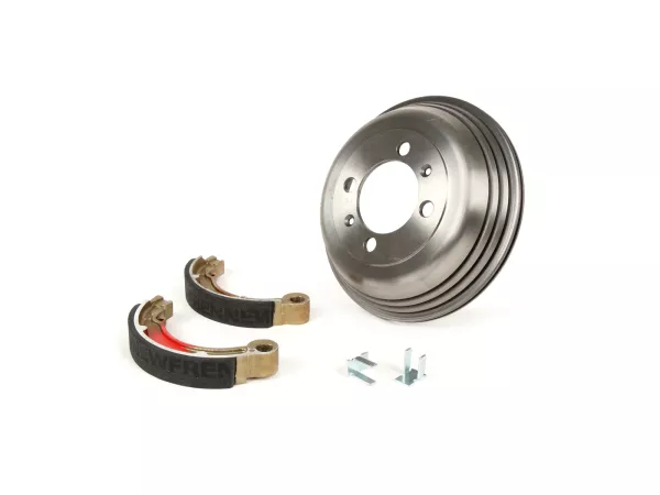 Brake drum, rear 8 inch incl. brake shoes, 2 anchor pins -BGM PRO cast iron- Vespa VNB4T-VNB6T, VBB2T
