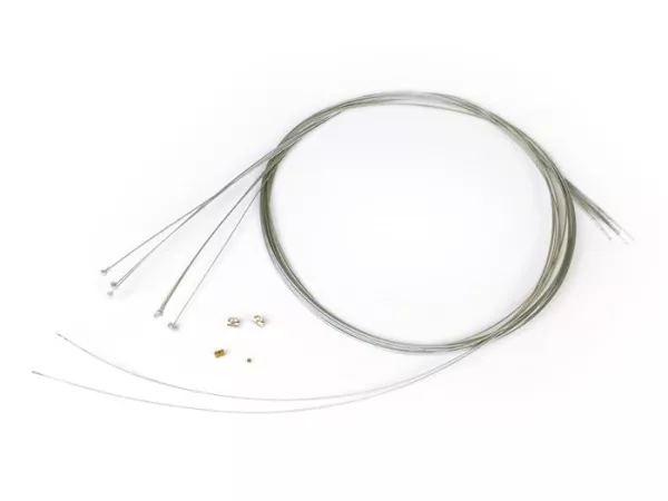 Set câbles intérieurs universaux -BGM ORIGINAL Vespa, Lambretta- 2x Ø=1,9mm x 2100mm (partie terminale type barrillet, câble d‘embrayage / câble de frein avant), 2x Ø=1,6mm x 2100mm (partie terminale Ø=5,5mm x 7mm, câble de vitesse), 1x Ø=1,2mm x 2500mm (