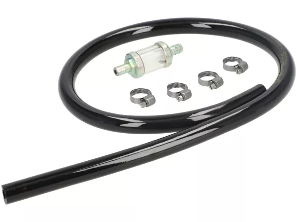 Bensinslangssats inkl. bensinfilter och HQ slangklämmor -BGM PRO Ø7x14mm - TPR/PUR (icke-härdande)- Vespa Classic (Ø invändigt = 7mm, Ø utvändigt = 14mm, längd = 750mm) - svart - lämplig för Vespa Largeframe PX, T5, Cosa, Rally, Sprint, VNA, VNB, VBA,