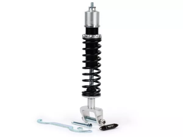 Amortiguador trasero -BGM PRO SC/R1 SPORT, 330mm- Vespa PX80, PX125, PX150, PX200, T5 125cc, Rally180 (VSD1T), Rally200 (VSE1T), Sprint150 (VLB1T), TS125 (VNL3T), GT125 (VNL2T), GTR15 (VNL2T), V50, PV, ET3 - negro/plateado