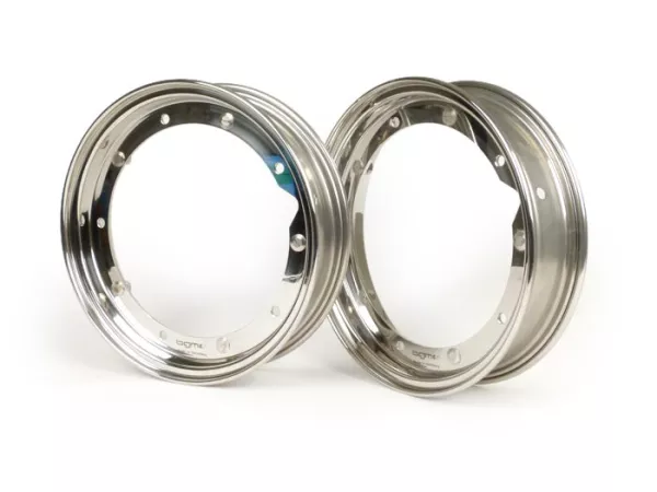 Set roda -BGM PRO 2.10-10 inci- Vespa (tipe PX) - Vespa Smallframe V50, 50N, Special, PV, ET3, PK50-125 (S/XL/XL2), Largeframe PX, T5, Sprint, Rally, GT/GTR, LML Star, Deluxe - Baja tahan karat yang dipoles