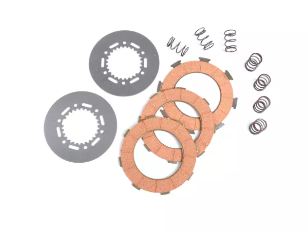 Clutch friction plate set -BGM ORIGINAL type 7 springs (Vespa Rally200, PX200, T5 125cc)- 3 plates premium quality (incl. springs and steel plates)