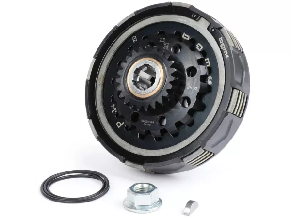 Embrayage 23Z (62/63) -BGM PRO Superstrong Sport CR80 Ultralube - garniture CR80 (aluminium 16mm/fritté)- 23 dents pour roue primaire BGM Pro 62/63Z (denture droite) - (type avec cannelures pour vilebrequin Pinasco 250/251)