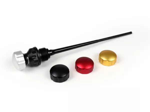 Oil filler cap with dipstick for engine oil -BIKERS, silver, red, gold, black - Sprint 125 (RP8M82111, ZAPM81300, ZAPM81301, ZAPMA1300), Vespa Sprint 150 (ZAPM81401, ZAPMA1400), Vespa GTS 125 3V (RP8M45310, RP8M45312), Vespa GTS 150 3V (RP8M45410), Vespa