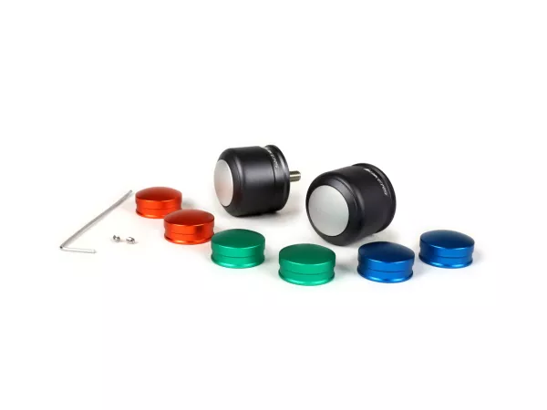 Pair of handlebar end weights, antivibration -BIKERS, silver, green, orange, blue - Vespa GT/GTL 125-200, GTS 125-300, GTV 125-300, Aprilia Scarabeo 400/500, SR Max 125-300, Gilera GP 800, Nexus 125-500, Piaggio Beverly 125-500, Piaggio X10 125, X8 400 -