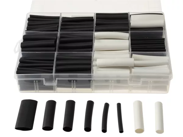 Krympslangssats -CHILITEC 300 delar- Svart-Vit - Svart: Ø=10x 12,5mm, 10x 9,5mm, 17x 8mm, 17x 6,5mm, 50x 5mm, 80x 3mm, 65x 2,5mm Vit=Ø 18x 8mm, 33x 6,5mm
