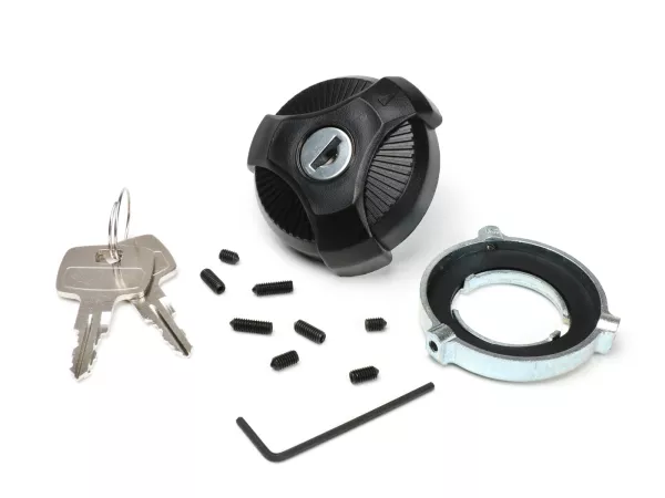 Fuel tank cap lockable -CIF- Piaggio Ciao, SI, Bravo - incl. adapter universal suitable for fuel tank pipes Ø33-48mm