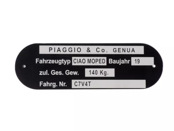 Placa de características -OEM QUALITY- Ciclomotor Piaggio & Co Ciao *C7V4T*