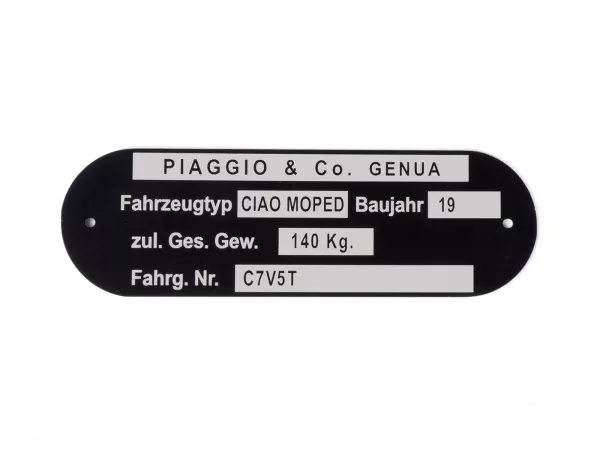 Placa de características -CALIDAD OEM- Ciclomotor Piaggio & Co Ciao *C7V5T*