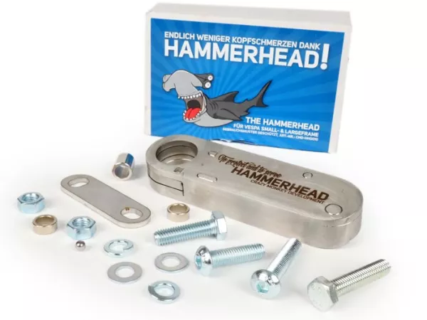 Bloqueo de dirección -CMD Hammerhead- Vespa Smallframe/Largeframe - Vespa V50, 50N, Special, SR, V90, SS50, SS90, PV125, ET3, PK, PX, Sprint, Rally, Super, TS, GT, GTR, GL, SS180 - se utiliza como protección antirrobo para montar en el manillar