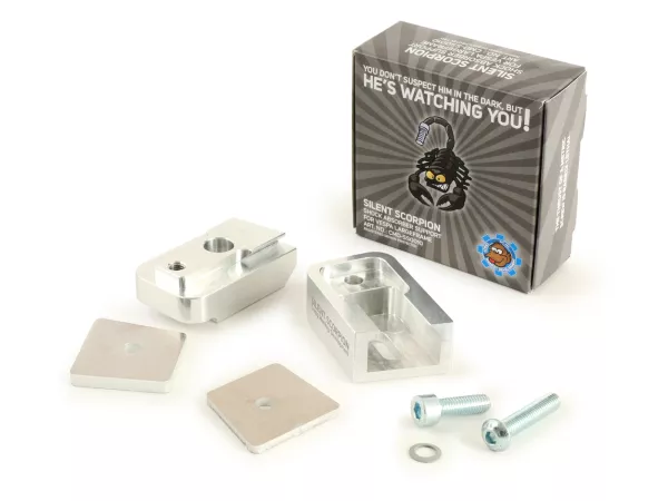 Soporte amortiguador parte superior/chasis -CMD Silent Scorpion- Vespa Largeframe (PX, Sprint, Rally, GT/GTR, TS, Super, VBA, VBB, VNA, VNB) - corredera de retención de dos piezas (ajustable 0-15mm, también para neumáticos anchos) sustituye al espaciador