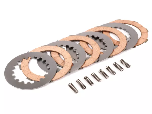 Clutch friction plate set incl. steel plates incl. 8 springs -FERODO 'Standard' Vespa Cosa2- suitable for standard clutch basket of Vespa Cosa2/FL (1992-), PX (1995-), Superstrong, Scooter & Service, MMW, Ultrastrong - 4 plates