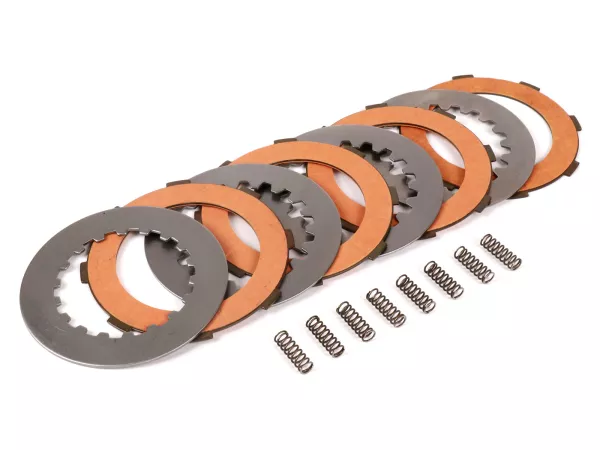 Clutch friction plate set incl. steel plates incl. 8 springs -FERODO 'Race 'High Performance Carbon' Vespa Cosa2- suitable for standard clutch basket of Vespa Cosa2/FL (1992-), PX (1995-), Superstrong, Scooter & Service, MMW, Ultrastrong - 4 plates