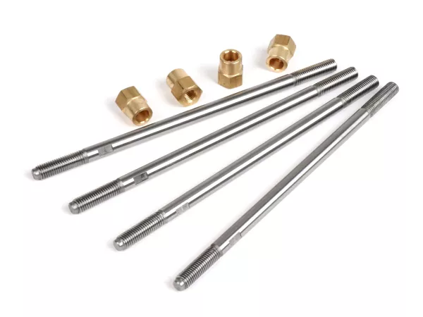 Boutenset -FABBRI RACING- M7 x 160mm, hoogvast staal, gerolde draad, moersleutel plat 6mm incl. messing moerset- gebruikt voor Vespa V90, PV125, ET3, PK80, PK125 cilinders (voor krukasslag=54mm)