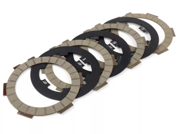 Kit disques d’embrayage garnis, disques lisses incl. -FABBRI RACING Circuit (plaquettes carbone + disques acier)- Vespa Smallframe V50, V90, SS50, SS90, PV125, ET3, PK50, PK80, PK50 S, PK80 S, PK125 S, PK50 XL, PK125 XL, ETS, PK50 HP, PK50 SS - 4 disques