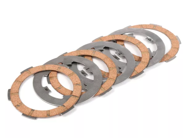 Kit disques d’embrayage garnis, disques lisses incl. -FABBRI RACING FB24 (patins en liège + disques en acier)- Vespa Smallframe V50, V90, SS50, SS90, PV125, ET3, PK50, PK80, PK50 S, PK80 S, PK125 S, PK50 XL, PK125 XL, ETS, PK50 HP, PK50 SS - 4 disques