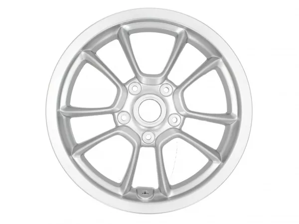 Pelek depan, perak -PIAGGIO 3.00-12 inci - 10 jari-jari- Vespa Primavera 125 (ZAPMA1100, ZAPMA1101, ZAPMD1100), Vespa Primavera 150 (ZAPMA1200, ZAPMA1201, ZAPMD120), Vespa Primavera 50 (ZAPCA0100, ZAPCA0102, ZAPCA0200, ZAPCA0202, ZAPCD010, ZAPCD020)