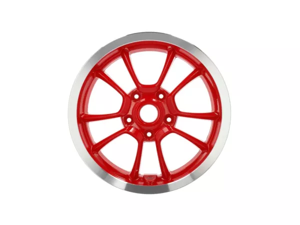 Voorvelg, rood zilver velg -PIAGGIO 3.00-12 inch - 10 spaken- Vespa Primavera 125 (ZAPMA1100, ZAPMA1101, ZAPMD1100), Vespa Primavera 150 (ZAPMA1200, ZAPMA1201, ZAPMD120), Vespa Primavera 50 (ZAPCA0100, ZAPCA0102, ZAPCA0200, ZAPCA0202, ZAPCD010, ZA