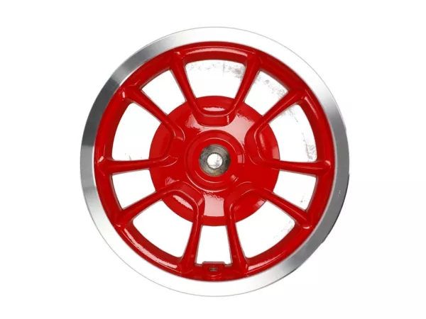 Achtervelg, rood zilver velg -PIAGGIO 3.00-12 inch, Ø remtrommel = 140mm - 10 spaken- Vespa Primavera 125 (ZAPMA1100, ZAPMA1101, ZAPMD1100), Vespa Primavera 150 (ZAPMA1200, ZAPMA1201, ZAPMD120)