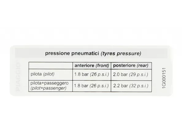 Huruf -PIAGGIO- Tekanan ban - Vespa Primavera 125 (ZAPMA1100, ZAPMA1101, ZAPMD1100), Vespa Primavera 150 (ZAPMD120), Vespa Primavera 50 (ZAPCA0100, ZAPCA0102, ZAPCA0200, ZAPCA0202, ZAPCD020, ZAPCD010), Vespa Sprint 125 (ZAPMA1300, ZAPMA1301, ZAPMD1), Vesp