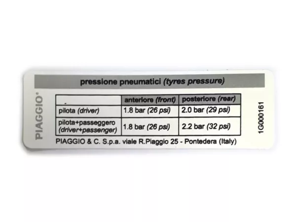 Belettering -PIAGGIO- Bandenspanning - Vespa GTS 125 (ZAPMA3100, ZAPMA3200, ZAPMA3700), Vespa GTS 150 (ZAPMA3200, ZAPMA3100), Vespa GTS HPE 300 (ZAPMA3600), Vespa GTS Super 125 (ZAPMA3100, ZAPMA3200, ZAPMA3700), Vespa GTS Super 300 (ZAPMA3300), Vespa GTS 
