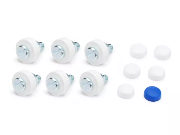 Number plate screw set -HS- M6 x 20 6 pieces, galvanised with caps, 5 x white + 1 x blue