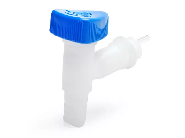 Rubinetto di scarico per tanica d'acqua a collo largo -HÜNERSDORFF, filettatura professionale da 22 mm, naturale (trasparente) con maniglia a rotazione blu