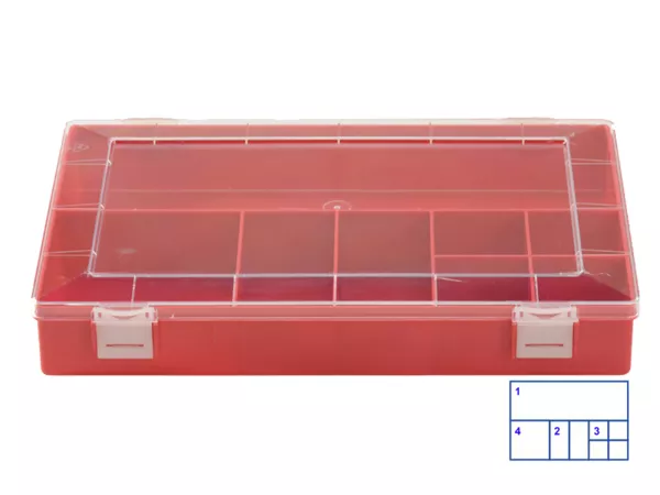 Sorting box -HÜNERSDORFF, Classic (225x335x55mm)- 8 compartments, red, polystyrene