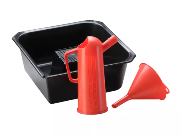 3-delige olieverversingsset -HÜNERSDORFF- olieaftapbak, trechter Ø=140, oliemeetkan 1000ml