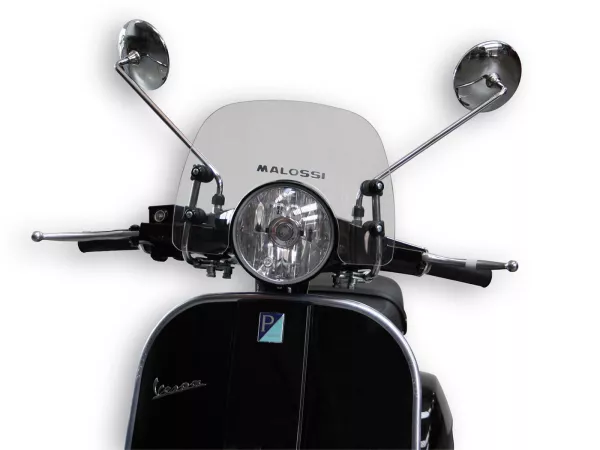 Windscreen -MALOSSI- 335x227mm, Sport Screen, clear- Vespa PX, PX Lusso, PX Arcobaleno, T5 Classic, Motovespa DN, Iris, LML Star, Deluxe, Stella 80-200cc - incl. mounting material